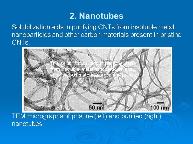 2. Nanotubes Solubilization aids in purifying CNTs from insoluble metal nanoparticles and other carbon